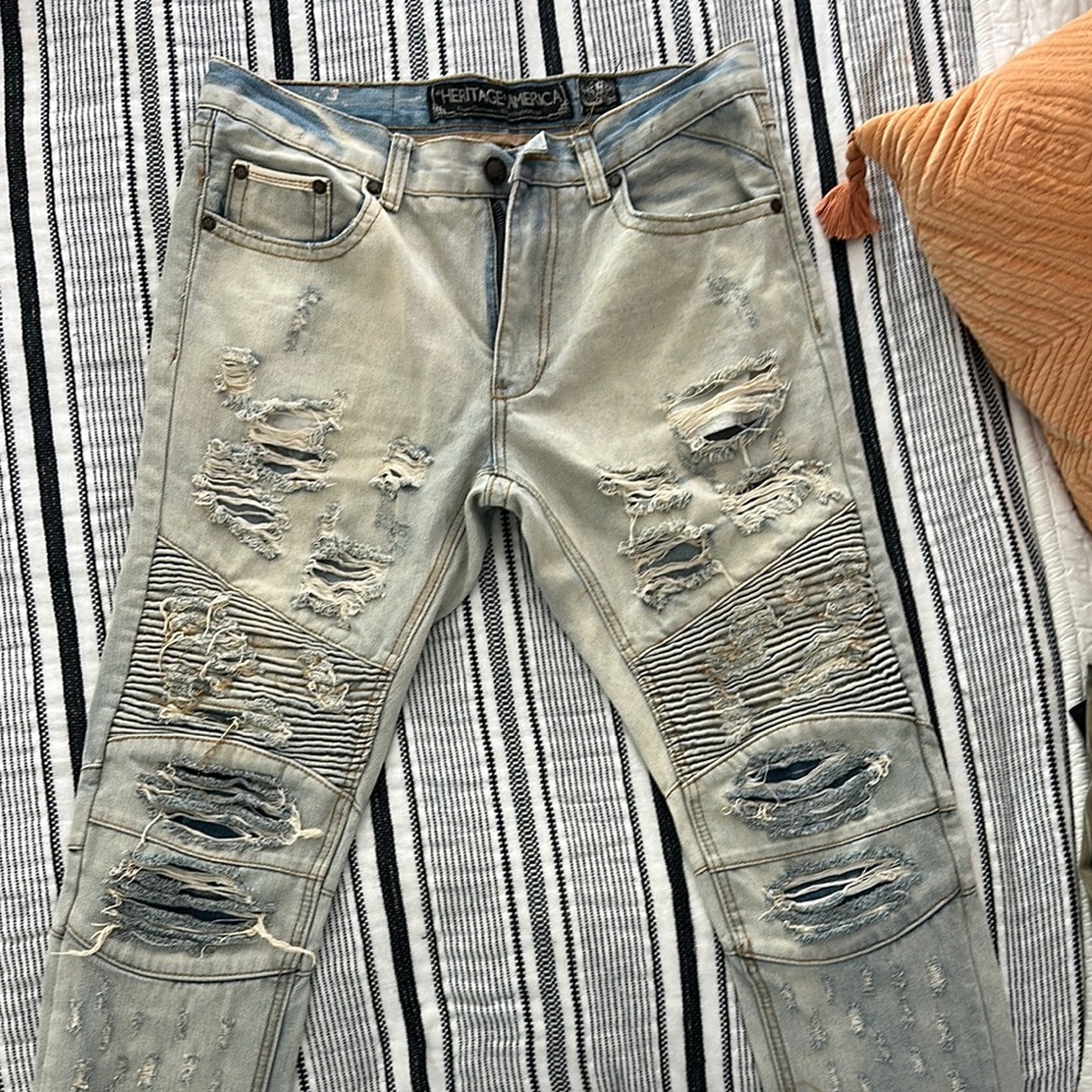 Heritage America Distressed Straight Jeans - Light Blue